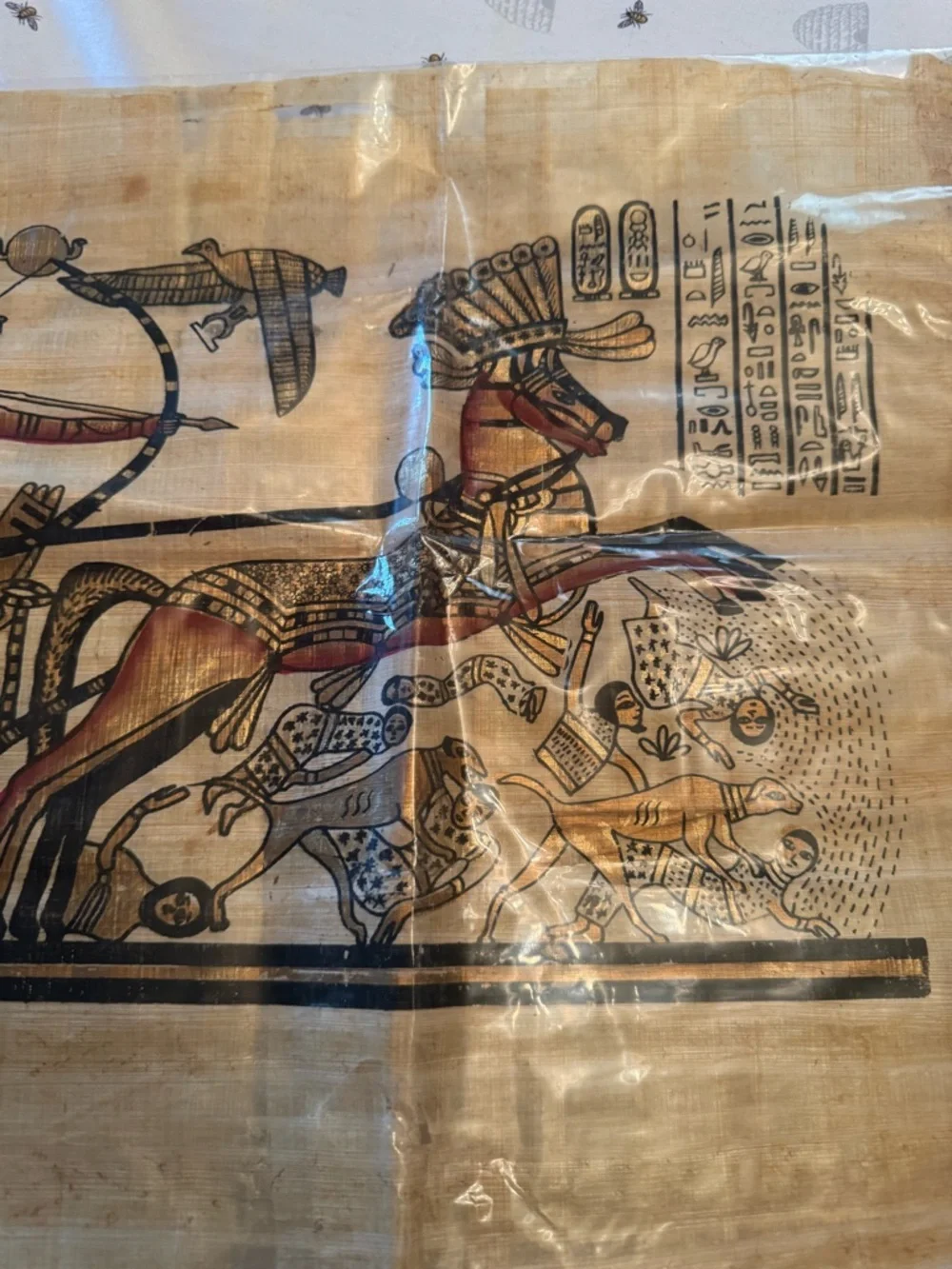 Egyptian Horse and Chariot Wall Art - Natural Papyrus Print in Brown and Black